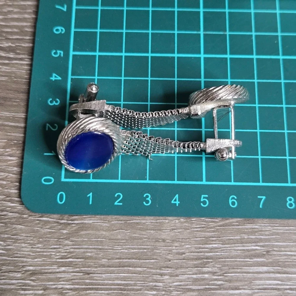 Silver Tone Blue Chatoyant Glass Cufflinks Wrap Around Mesh Toggle Back